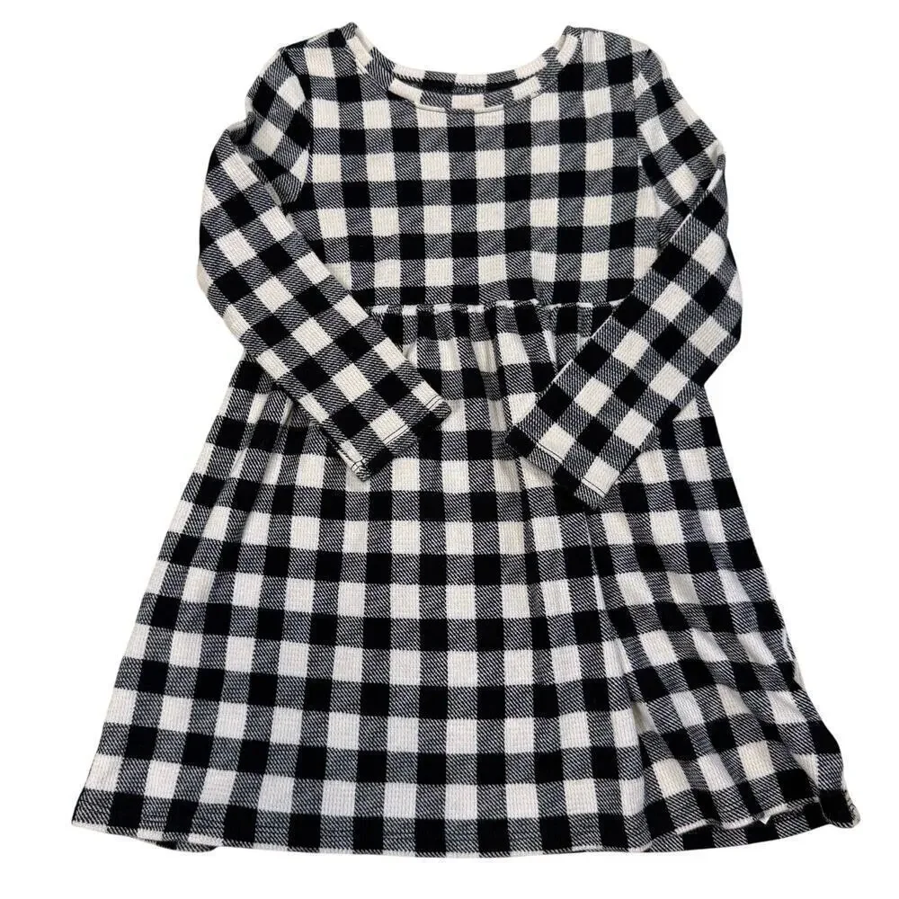 Old Navy Black & White Buffalo Plaid Long Sleeve Dress Girls 3T EUC